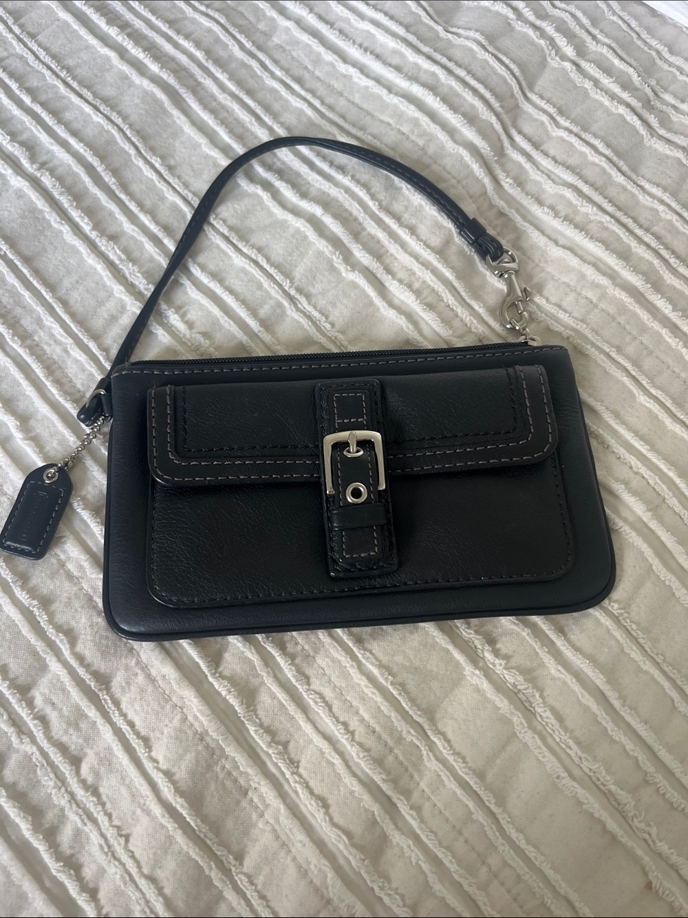 Coach Black Leather Clutch Wristlet with Front Buckle Detail